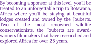 By becoming a sponsor at this level, you'll be treated to an unforgettable trip to Botswana, Africa where you'll be staying at beautiful lodges created and owned by the Jouberts. Two of the most renowned wildlife conservationists, the Jouberts are award-winners filmmakers that have researched and explored Africa for over 25 years. 